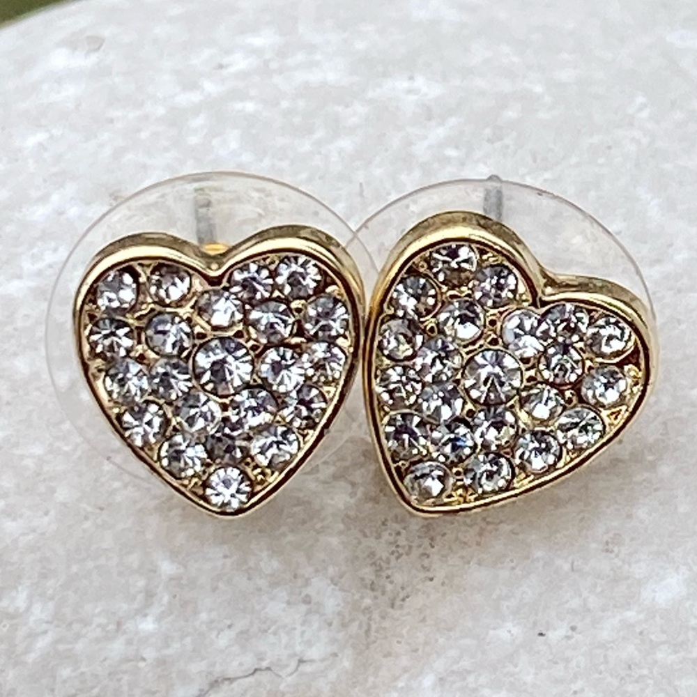 Crystal gold tone heart stud earrings